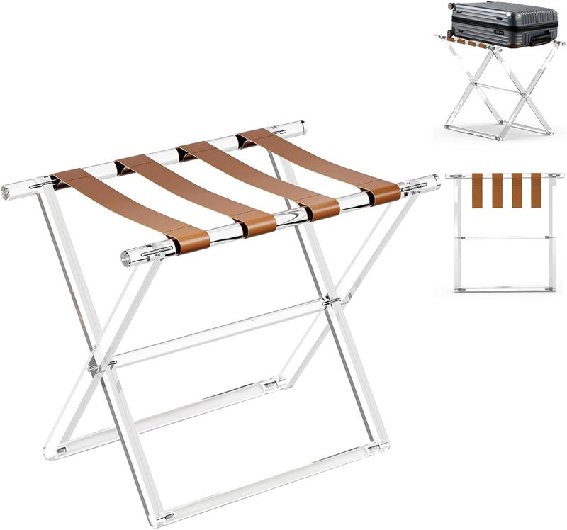 Verssure Acrylic Luggage Rack for Guest Room,Folding Luggage Rack with Leather Straps,Holds up to 120 lbs Suitcase Stand for Bedroom, Living Room and Hotel (Brown Leather) - Image 1